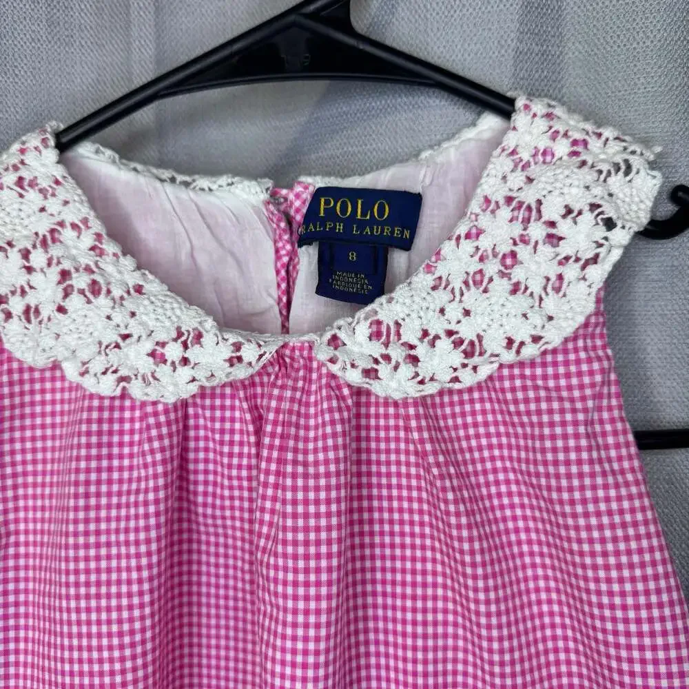 Polo Ralph Lauren Girls Pink Gingham Sleeveless Swing Dress with Lace Collar